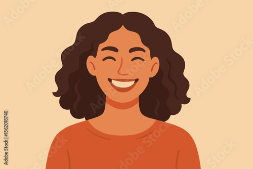 Joyful smiling woman with wavy brown hair. Happy female character portrait with a cheerful expression. Concept of positive emotion, mental health, and self-care. Flat vector illustration.