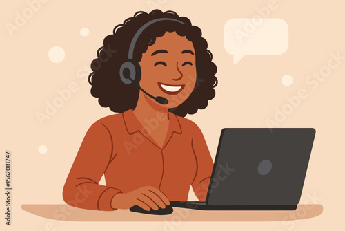 Customer service concept. Happy woman operator in headset at laptop. Call center agent character. Smiling african american employee. Support, assistance, hotline, telemarketing.