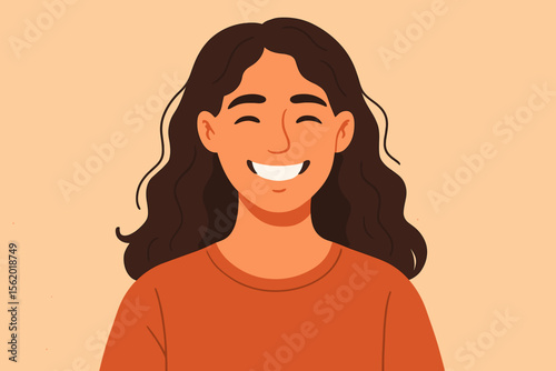 Happy smiling natural woman portrait. Modern flat vector cartoon illustration of a cheerful young girl. Concept of positive emotion, happiness, good mood and mental well being.
