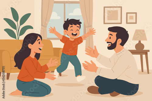 Happy family playing at home. Joyful son running to hug mother and father in living room. Parenthood, childhood and love concept. Modern flat vector cartoon illustration.