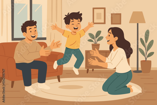 Happy family playing at home. Loving mother and father with joyful son. Cheerful child jumping into parents open arms in cozy living room. Parenthood, happy childhood, and family time.