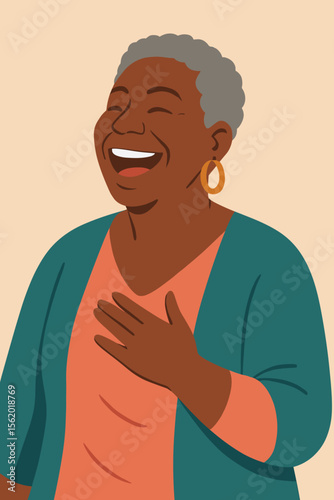 Happy senior African woman laughing. Joyful elderly black lady with a cheerful smile. Modern flat vector cartoon character illustration. Concept of positive aging and well-being.