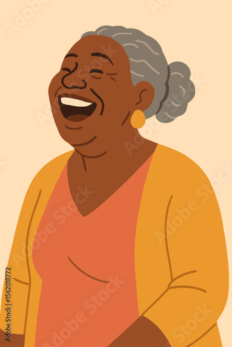 Happy senior African woman laughing. Joyful elderly black female character portrait. Positive emotions and healthy aging concept. Modern flat vector cartoon illustration.