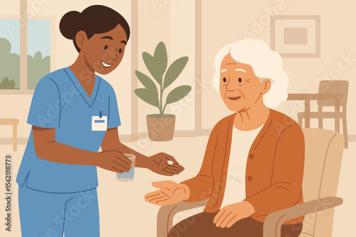 Female nurse giving medicine to senior patient in a retirement home. Caregiver providing medical assistance to an elderly woman. Geriatrics and healthcare concept. Flat cartoon vector.