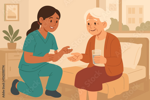 Caring nurse giving medicine to senior woman in nursing home. Elderly healthcare assistance concept. Caregiver helping patient with medication, pills. Vector cartoon illustration.
