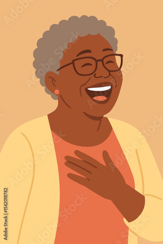 Joyful mature african woman laughing. Happy elderly black grandmother with glasses. Cheerful senior citizen portrait. Positive emotion, happiness, good mood concept. Flat vector cartoon.