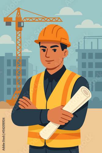 Confident engineer, architect, or foreman at a construction site with a crane. Male worker in a hard hat and safety vest holding blueprints. Building industry professional. Flat vector illustration.