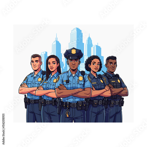 Group of diverse police officers standing in front of a city skyline