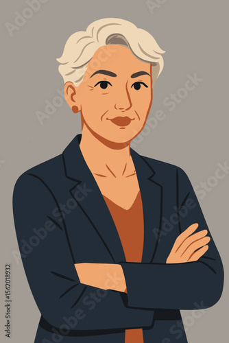 Confident mature woman leader portrait. Senior businesswoman with short gray hair and crossed arms. Powerful female executive or manager. Modern flat vector cartoon character.