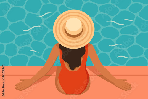 Woman relaxing by the swimming pool in a straw hat and swimsuit. Back view of a girl sunbathing at a resort. Summer vacation, tropical holiday, and leisure lifestyle concept.