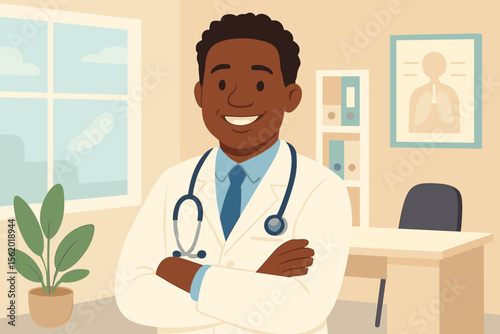 Portrait of happy African doctor at private clinic. Confident smiling Black male physician in hospital office. Healthcare and medicine concept for medical consultation. Flat vector.