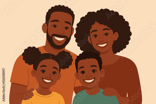 African American family portrait vector illustration. Happy black mother, father, son, and daughter smiling together. Parenthood, childhood, love, support, and unity concept. Modern cartoon.