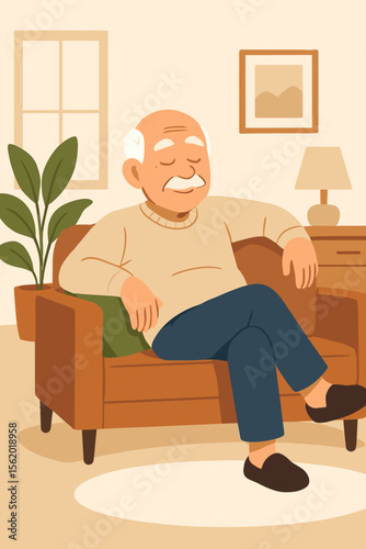 Elderly man relaxing on a sofa in the living room. Senior grandfather resting at home. Concept of retirement, peaceful lifestyle, leisure, and comfort. Old pensioner napping. Flat vector illustration.