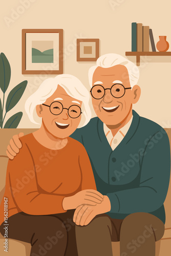 Happy senior couple relaxing at home. Elderly man and woman sitting on the couch, hugging and smiling. Grandparents in love. Vector concept for retirement, family, and healthy aging.
