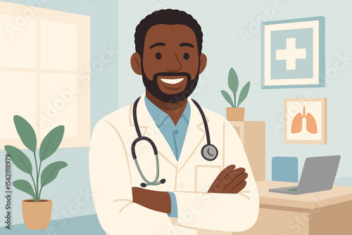 Portrait of a happy African American doctor in a medical office. Smiling black male physician in a white lab coat with a stethoscope. Healthcare and medicine concept vector illustration.