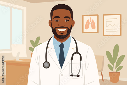 Portrait of a friendly Black doctor in his clinic office. Happy African American male physician with a stethoscope. Healthcare professional concept. Modern flat vector cartoon illustration.