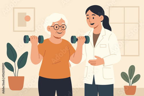 Senior woman physical therapy exercise with physiotherapist. Elderly rehabilitation, fitness training, dumbbells workout, healthcare support, active aging, wellness, medical consultation, flat vector