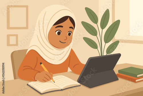 Muslim girl in hijab studying at home with a tablet. Student writing in notebook. E-learning, distance education, homeschooling, online course concept. Vector cartoon illustration.