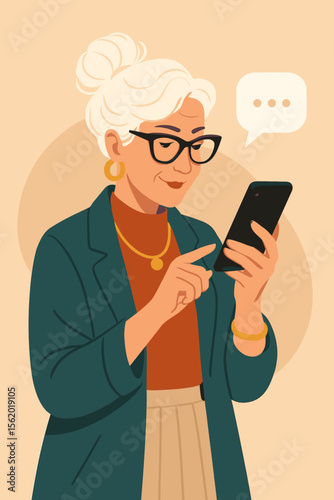 Elegant senior woman using smartphone for messaging, modern communication technology, active elderly lifestyle, digital literacy, flat cartoon vector illustration, social media connection