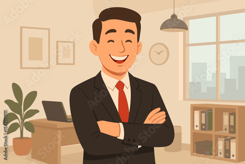 Confident businessman in suit with crossed arms standing in modern office interior, workplace desk laptop, office plant, shelves, city view window, professional leadership, flat vector illustration