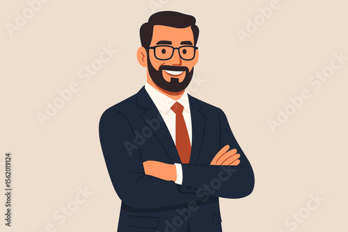 Confident successful businessman in suit and glasses smiling with arms crossed. Professional male executive portrait. Modern flat vector cartoon illustration for leadership, career, corporate concepts