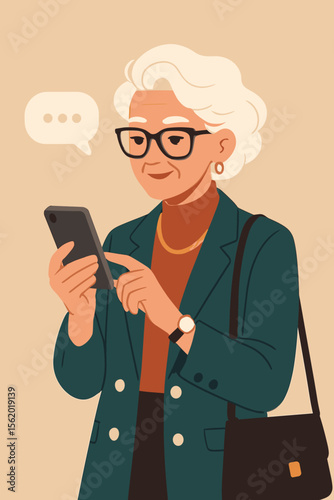Elegant senior woman using smartphone for texting and communication. Modern mature lady in fashionable outfit with accessories. Digital lifestyle, technology, active aging, social media concept