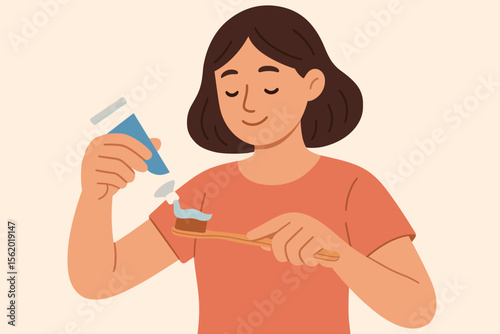 Woman applying natural toothpaste on eco-friendly bamboo toothbrush, oral hygiene care, dental health routine, sustainable lifestyle flat vector cartoon illustration