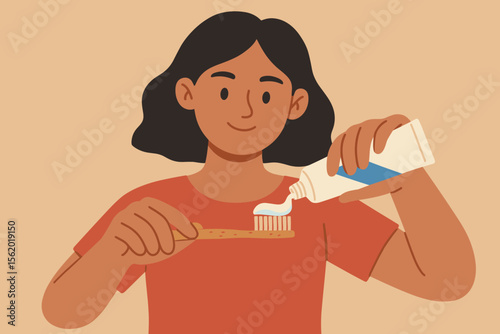 Young Woman Applying Toothpaste on Eco-Friendly Bamboo Toothbrush, Oral Hygiene Routine, Sustainable Dental Care, Flat Vector Cartoon Illustration
