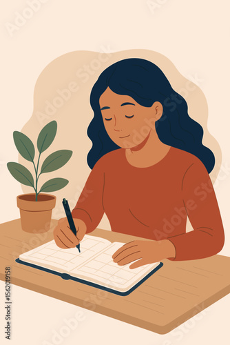 Young woman writing notes in planner at desk. Modern flat vector illustration of female organizing schedule, journaling, planning agenda. Productivity, time management, self-improvement concept