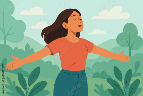 Relaxed woman enjoying fresh air in nature, breathing deeply with outstretched arms, peaceful outdoor landscape, mindfulness, wellness, calm, modern flat vector cartoon illustration