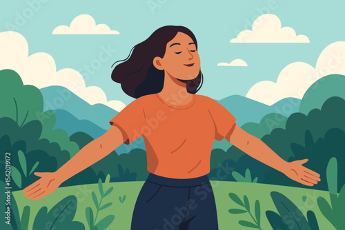 Relaxed woman breathing deeply with outstretched arms in peaceful nature landscape. Mindfulness, freedom, wellness, self care, outdoor relaxation. Modern flat vector cartoon illustration