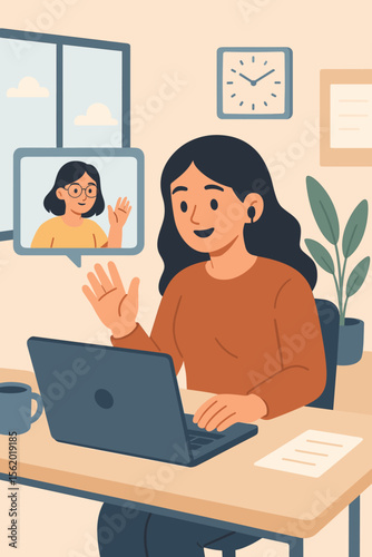 Young woman working remotely in modern office, video call on laptop, online meeting, virtual communication, business workspace, home office, digital technology, teamwork, professional environment