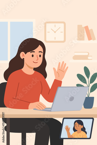 Young woman video calling on laptop at modern office desk, remote work communication, online meeting, virtual conference, home office workspace illustration