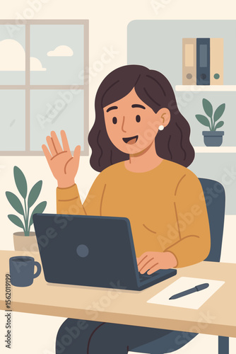 Young woman video calling on laptop at office desk, remote work concept, modern flat vector cartoon illustration, home office setup, online communication and technology
