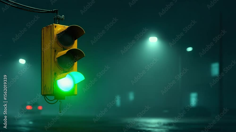 Urban traffic signal sequence changing from red and yellow to green with car passing