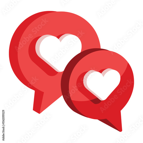 Two red speech bubbles with white hearts inside conveying love and communication