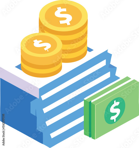 Isometric illustration of stacks of coins and bills representing financial growth and wealth