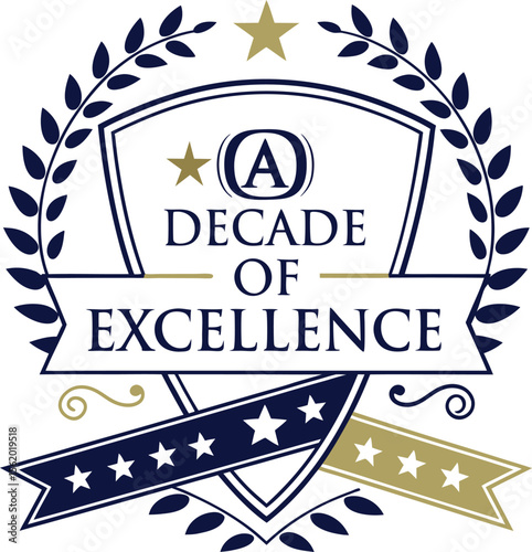 A Decade of Excellence: Premium Emblem Celebrating Ten Years of Distinguished Achievement with Stars and Laurels Design