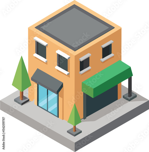 Isometric illustration of a modern two story building with trees and awnings
