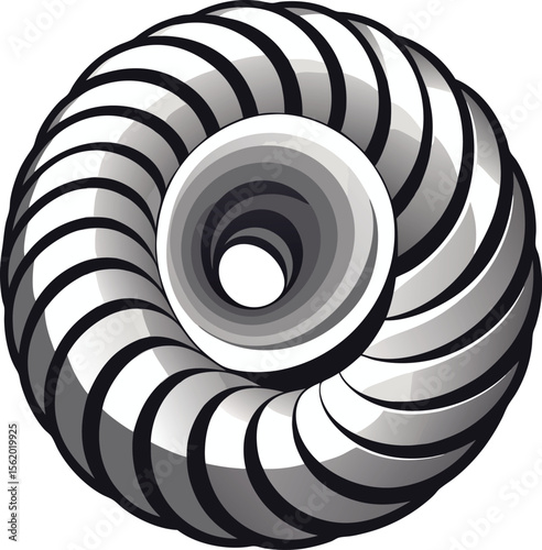 Abstract swirling vortex with grayscale tones and bold black outlines