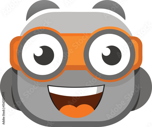 Friendly cartoon robot with big eyes and an open mouth
