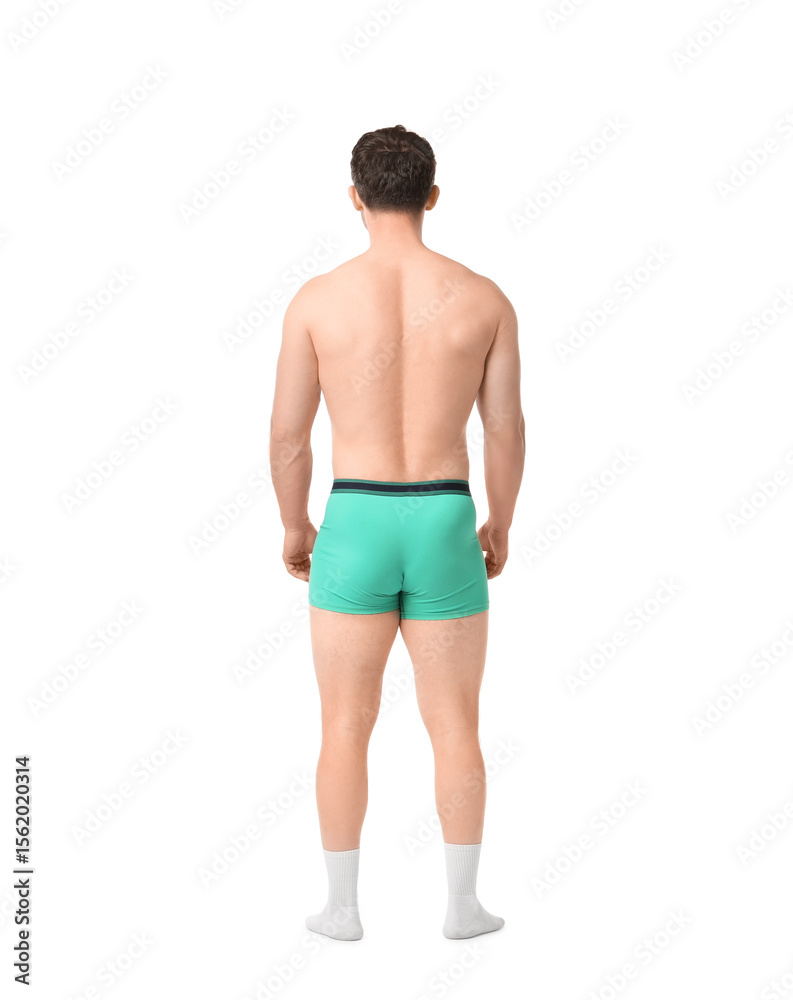 Young man in stylish turquoise underwear on white background, back view Young man in stylish turquoise underwear on white background, back view