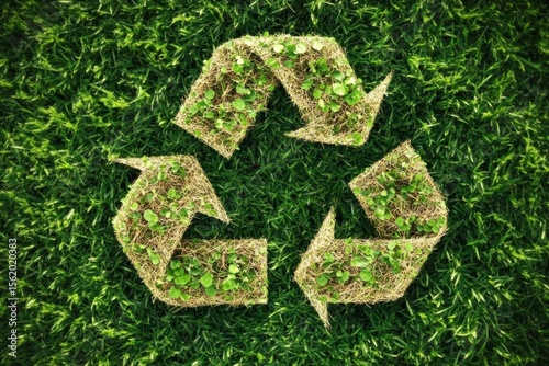 Recycle symbol on the green grass- sustainable and eco environment concept. ai generative