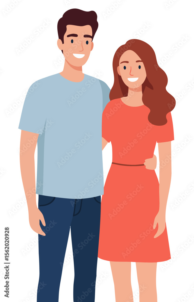 Fototapeta premium Simple Vector Illustration of a Young Couple in Love – Romantic Man and Woman, Boyfriend and Girlfriend, Relationship, Togetherness, Affection, Minimal Flat Art for Valentine’s Day, Wedding Designs