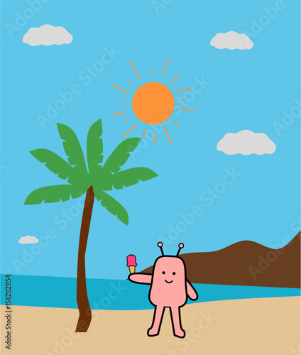 Alien relaxes near blue ocean