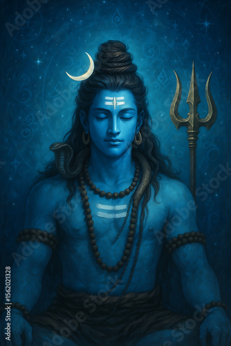 Enchanting blue shiva mahadev with third eye and trishul radiating serenity under a starry night a powerful depiction for sawan worship and meditation