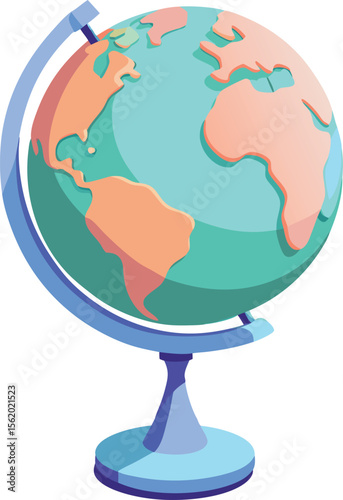 Stylized globe with teal oceans and peach continents on a blue stand