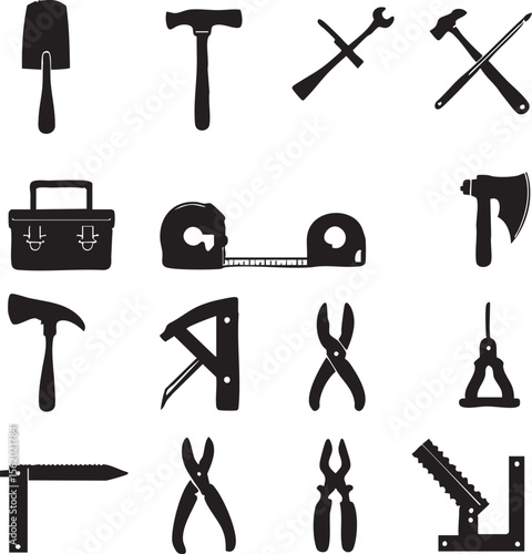 Vector EPS Set of Tool Silhouettes – Shovel, Hammer, Wrench, Saw, Pliers, Clamp & More for Construction and Repair Themes