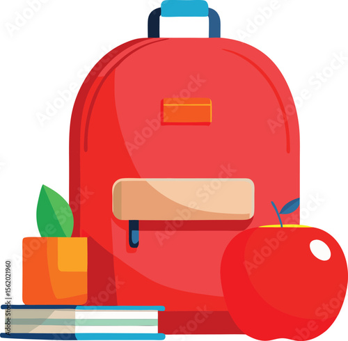 Bright red backpack with apple books and potted plant ready for school