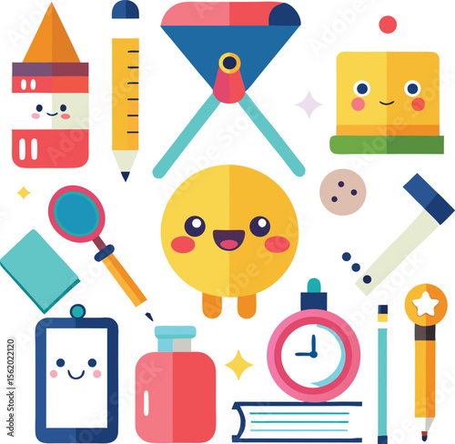 Cute kawaii style school supplies and stationery with happy faces